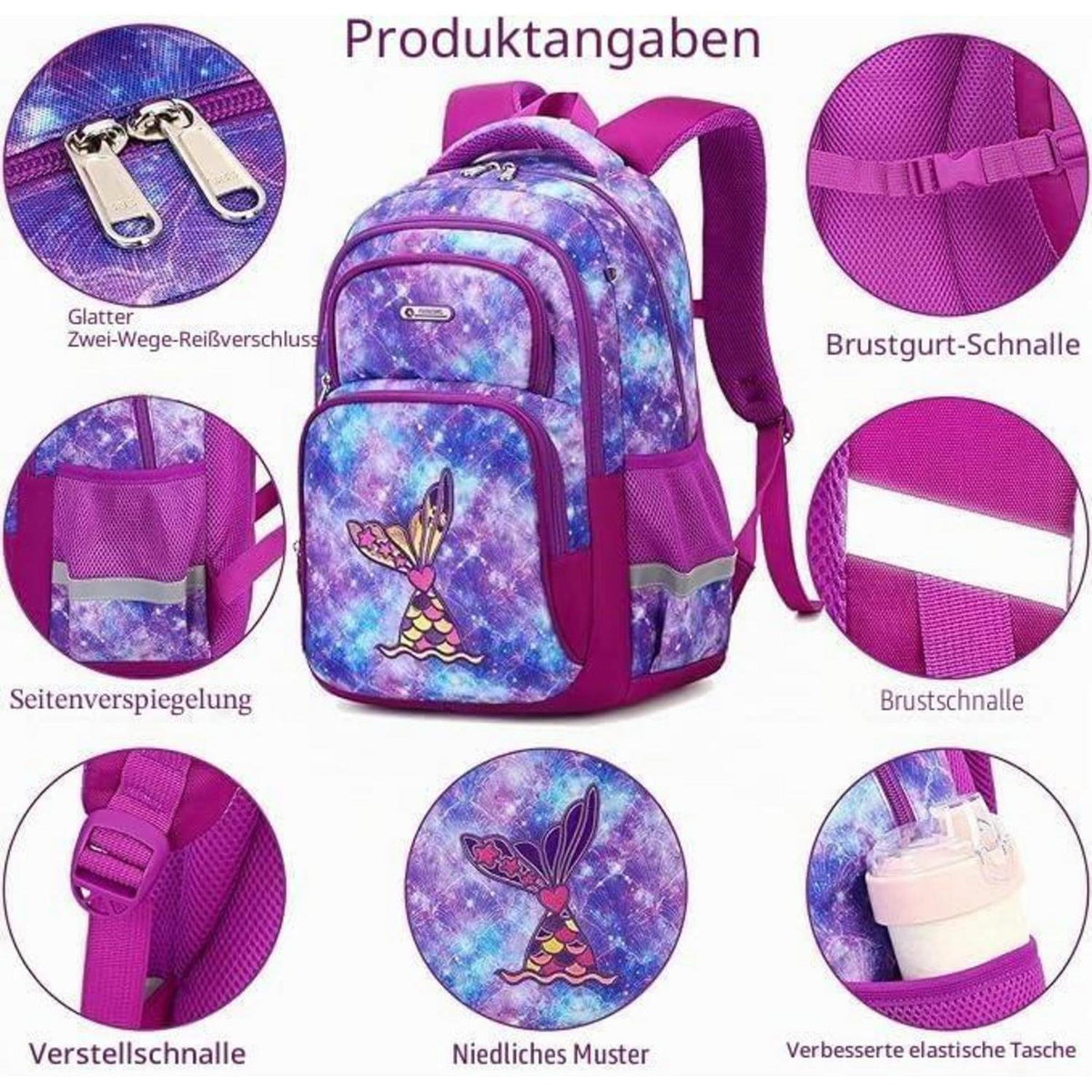 Kinderrucksack Meerjungfrau 3er-Set Lila