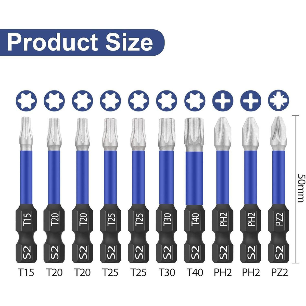 10tlg. Schlagbohrschrauber-Bit-Set 50mm, Torx, Pozi, Phillips