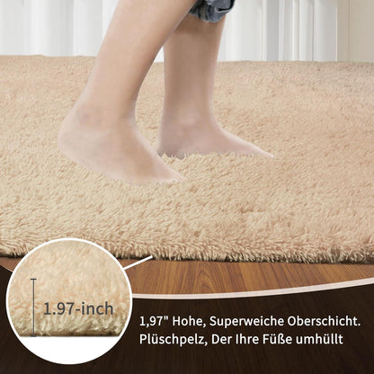 Flauschiger Hochflor Teppich Beige 160x230 – Wohnzimmer Schlafzimmer Matte