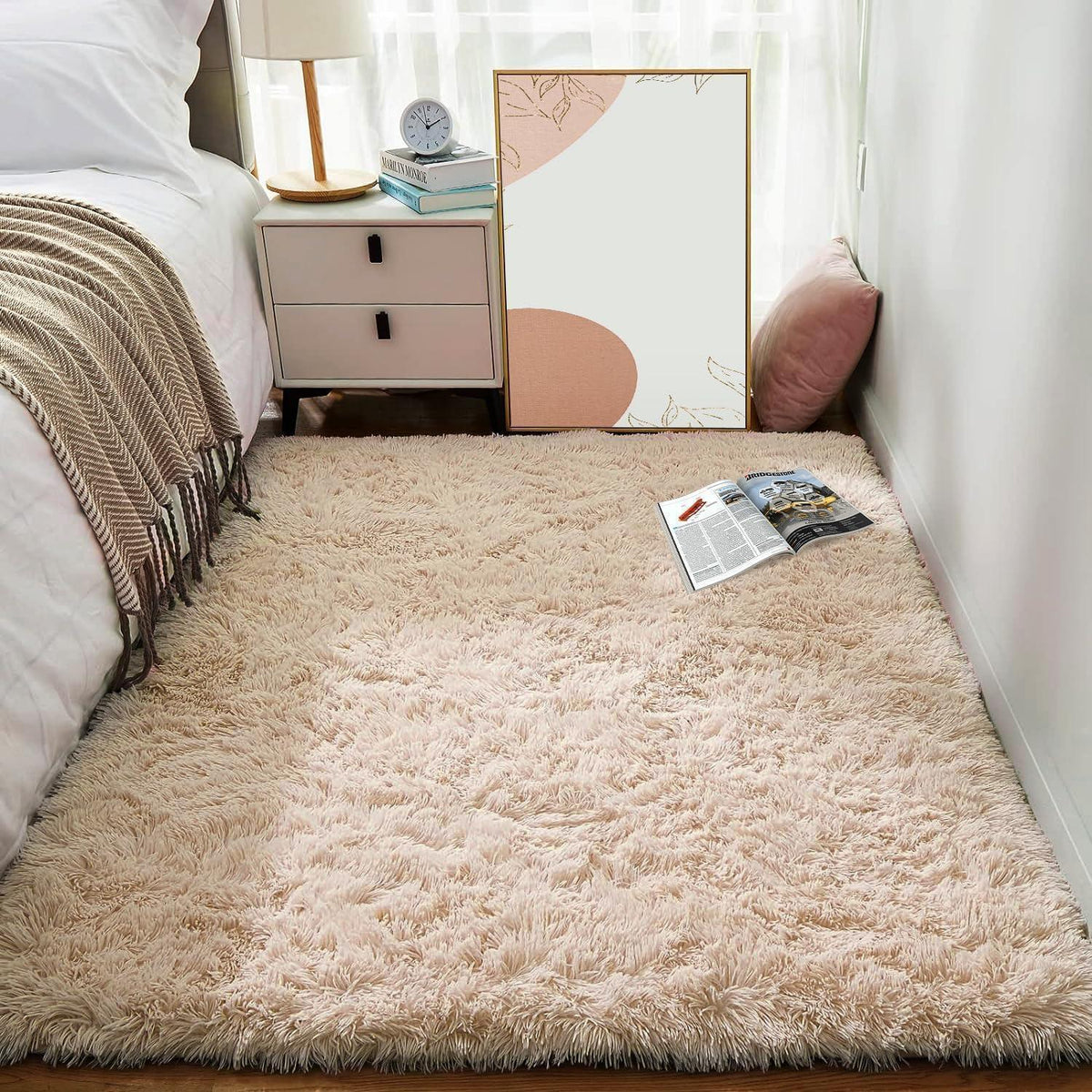 Flauschiger Hochflor Teppich Beige 160x230 – Wohnzimmer Schlafzimmer Matte