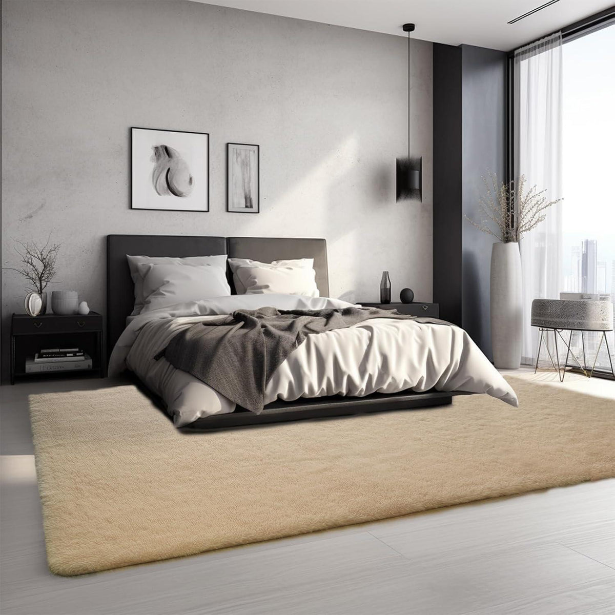 Flauschiger Hochflor Teppich Beige 160x230 – Wohnzimmer Schlafzimmer Matte