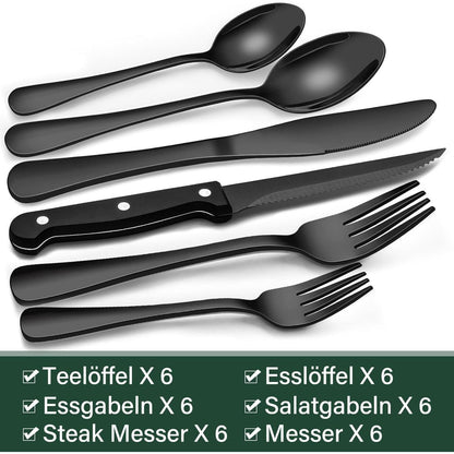 36-teiliges Besteckset für 6 Personen, Schwarz, Edelstahl, mit Steakmessern