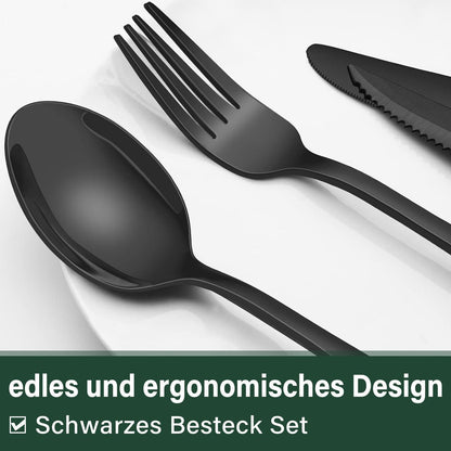 36-teiliges Besteckset für 6 Personen, Schwarz, Edelstahl, mit Steakmessern
