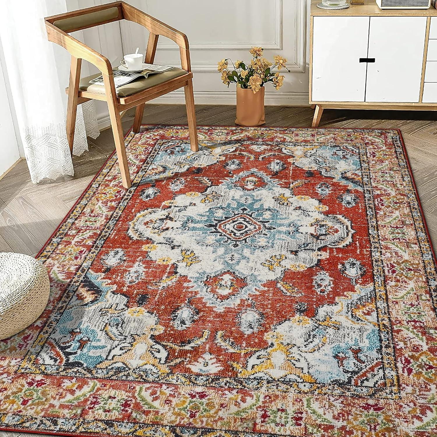 Boho Teppich Vintage Rot Kurzflor waschbar und rutschfest 200x300cm