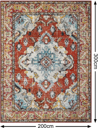 Boho Teppich Wohnzimmer Kurzflor Vintage Rot Waschbar