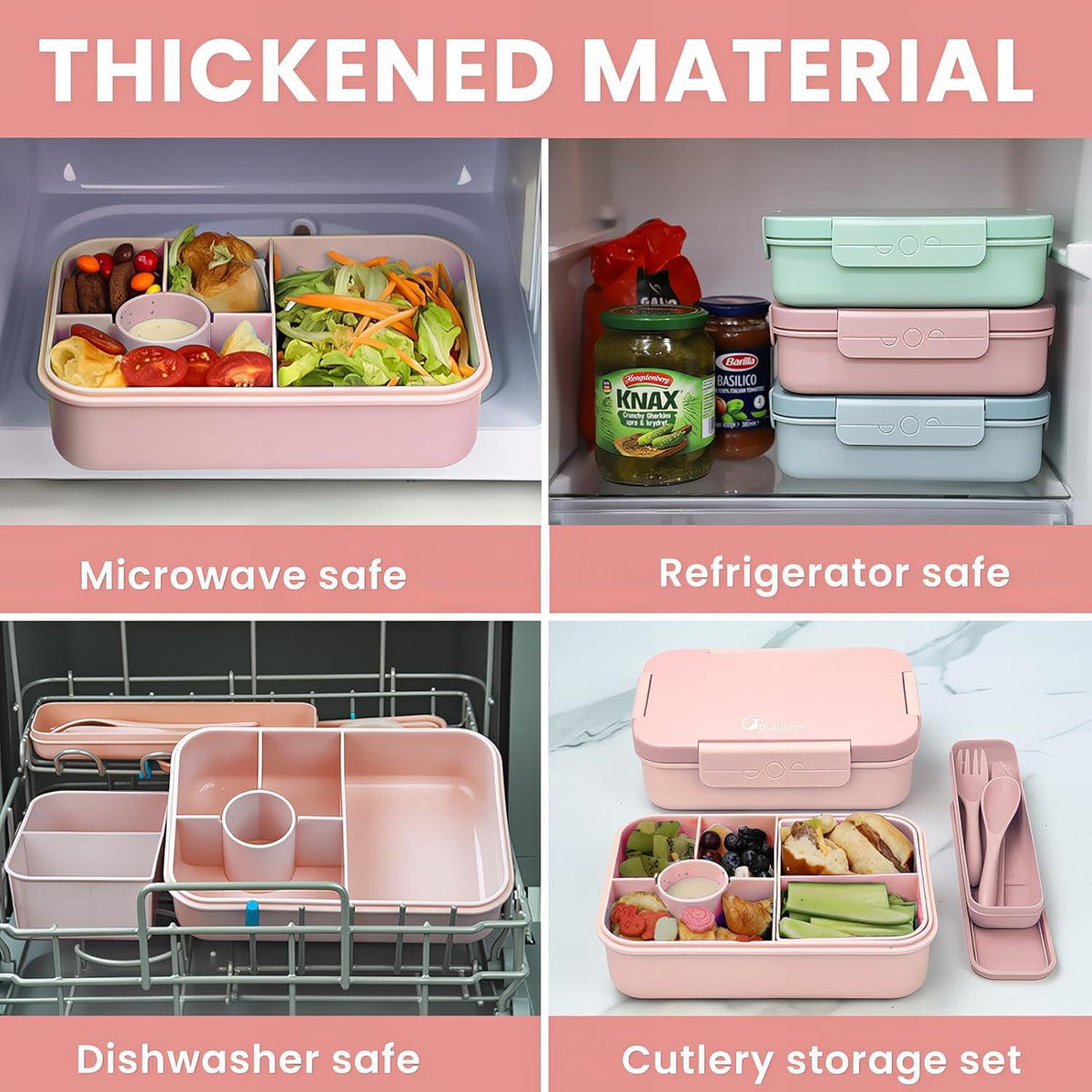 Bugucat Lunchbox Kinder mit Fächern 1300ml 3-teilig Auslaufsicher Bento Box Rose