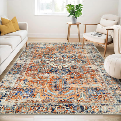 Boho Teppich Kurzflor 200x300cm Orange Vintage Design Waschbar