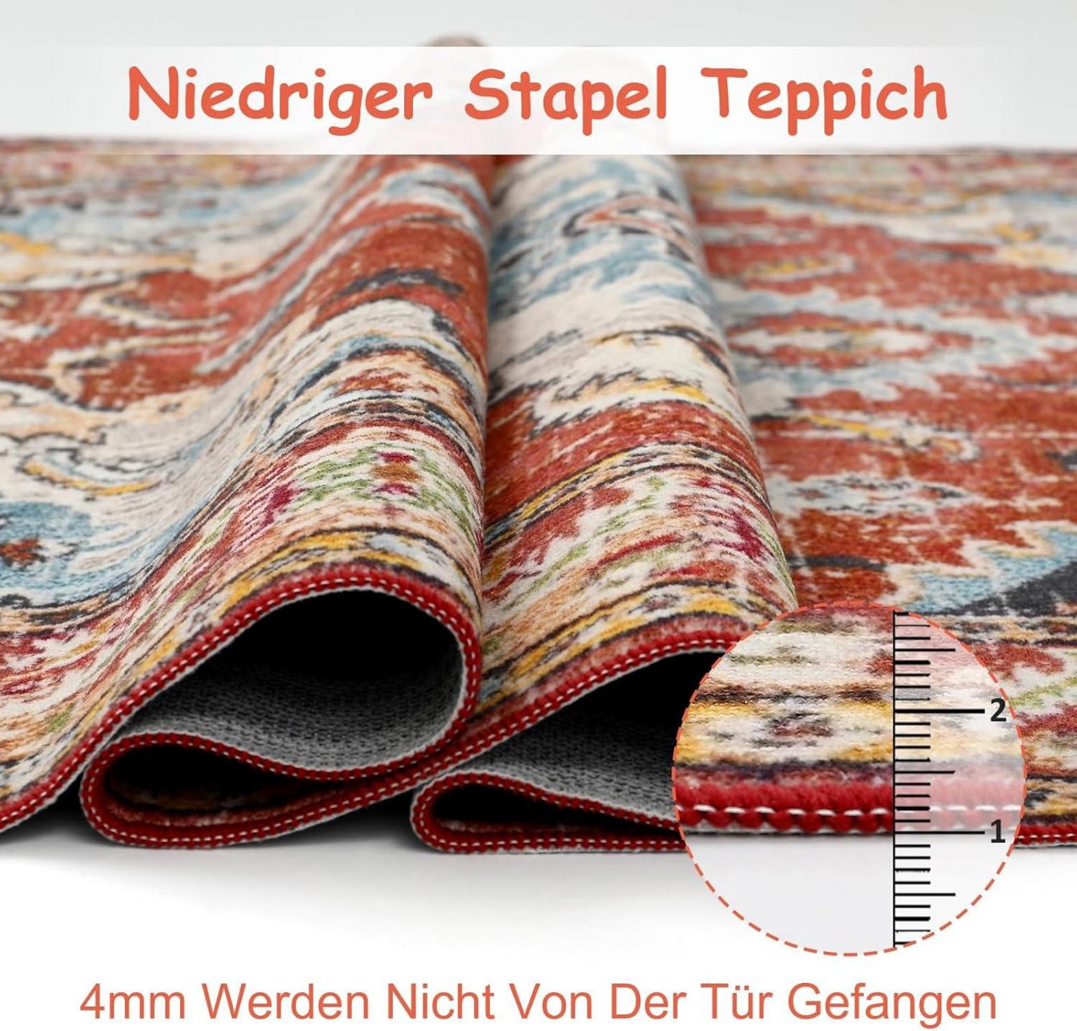 Boho Teppich Vintage Kurzflor Rutschfest 120x170cm Rot