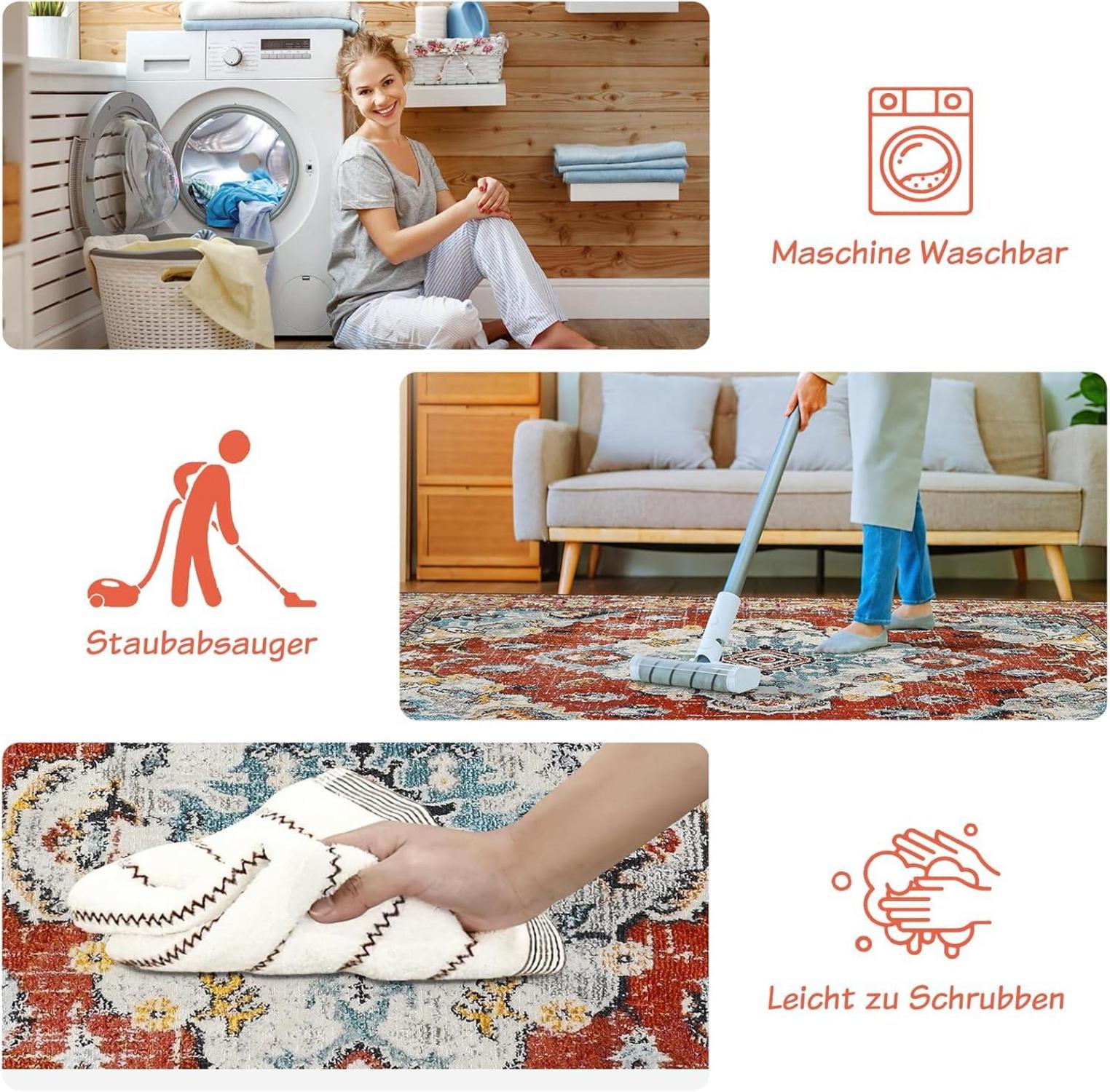 Boho Vintage Teppich 120x170cm Waschbar rutschfest Rot