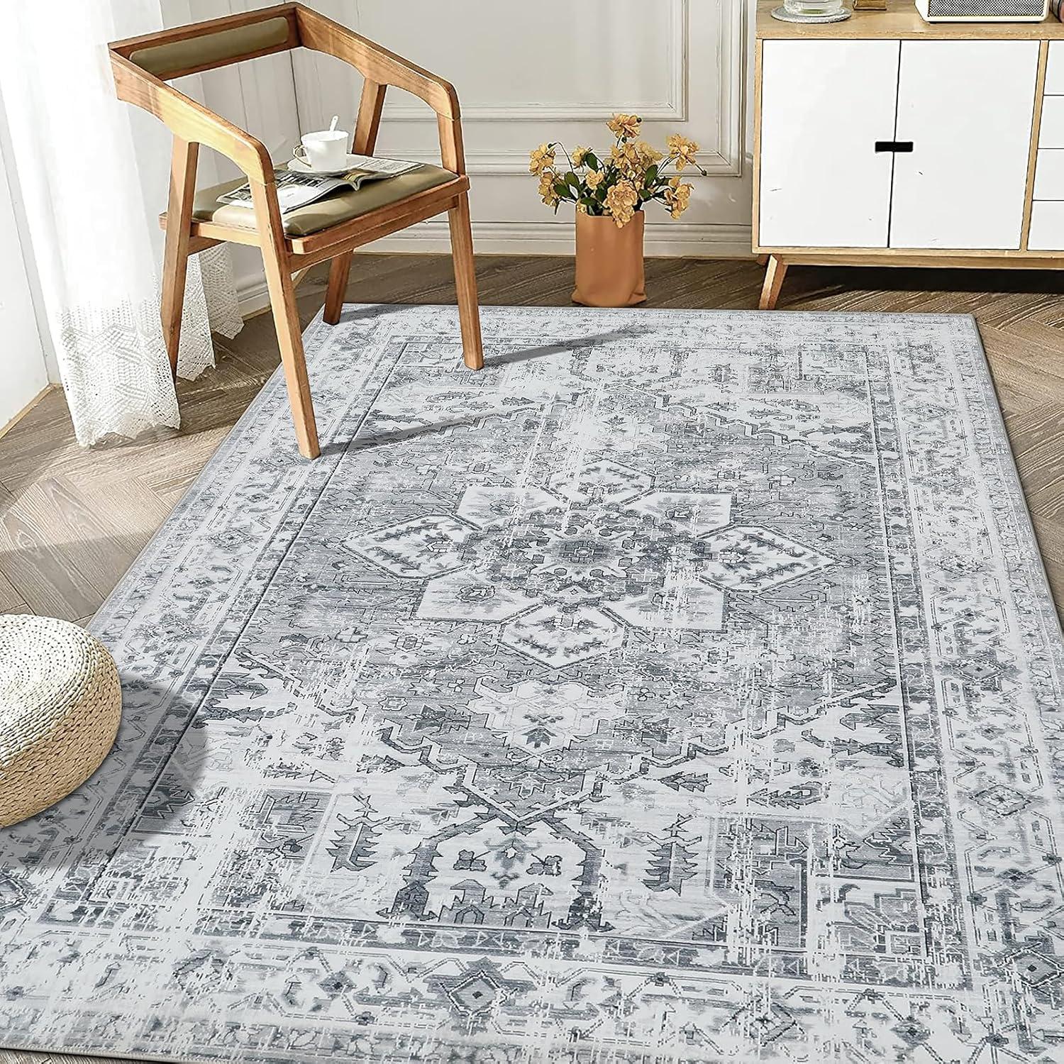 Boho Teppich Vintage Design Grau Kurzflor Waschbar 160x230cm