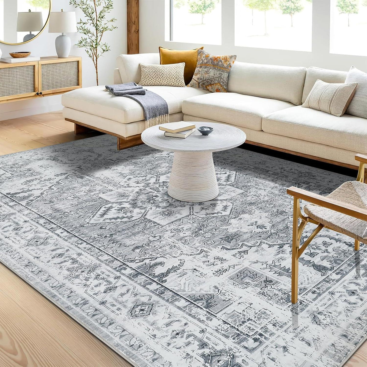 Boho Teppich Vintage Design Grau Kurzflor Waschbar 160x230cm