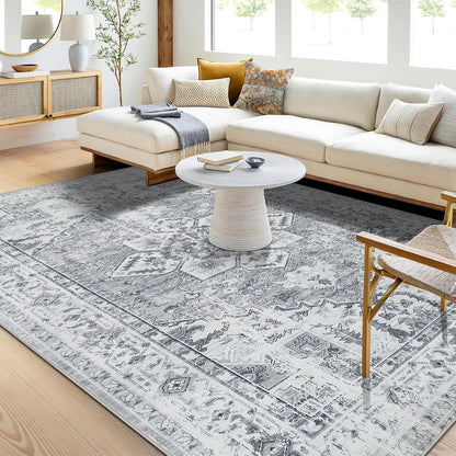 Boho Teppich Vintage Design Grau Kurzflor Waschbar 160x230cm