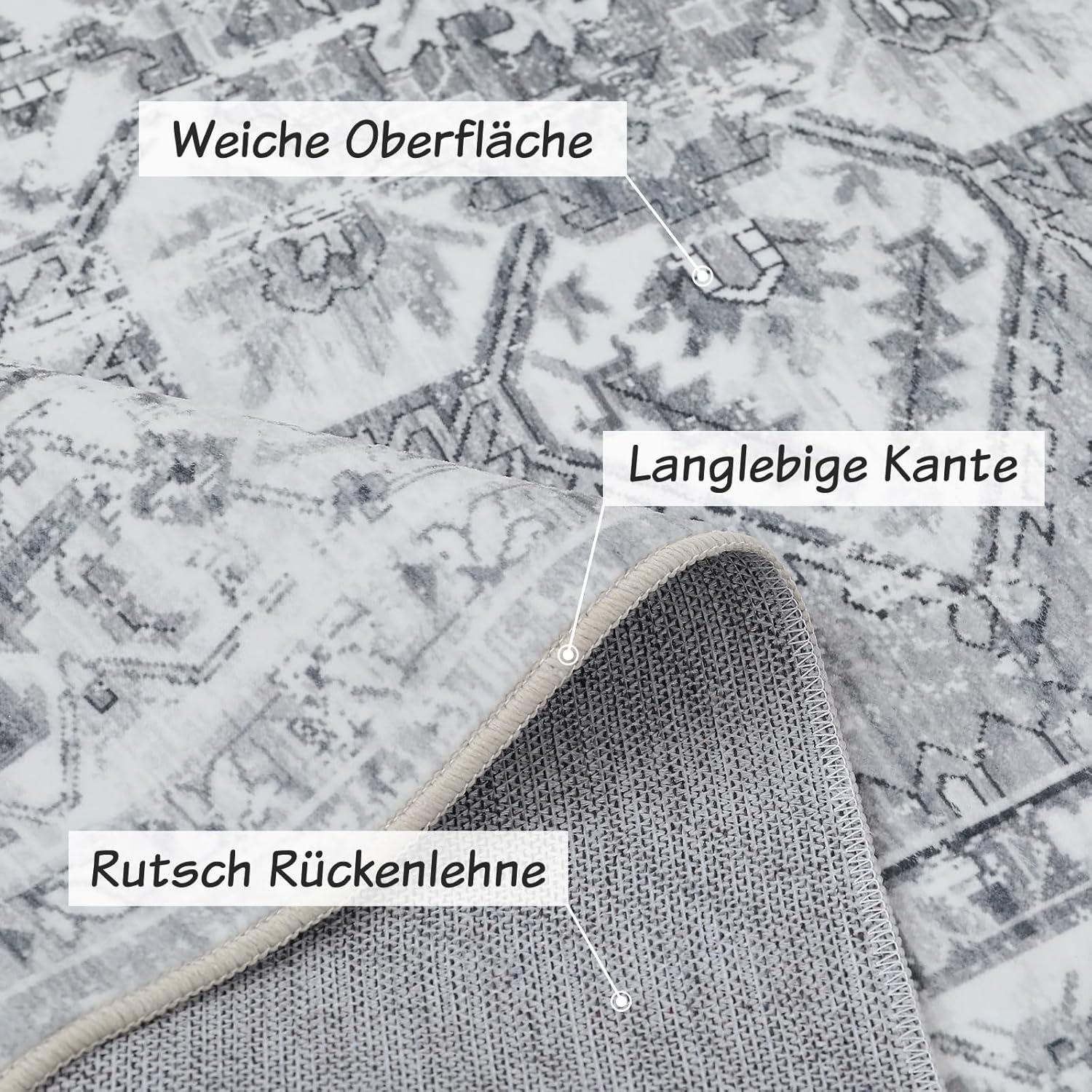 Boho Teppich Grau Kurzflor Waschbar Rutschfest Weich Vintage 160x230 cm