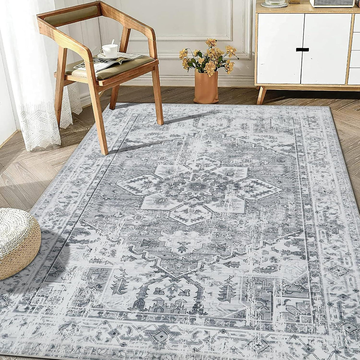 Boho Teppich Vintage Design Grau Kurzflor Waschbar 200x300cm