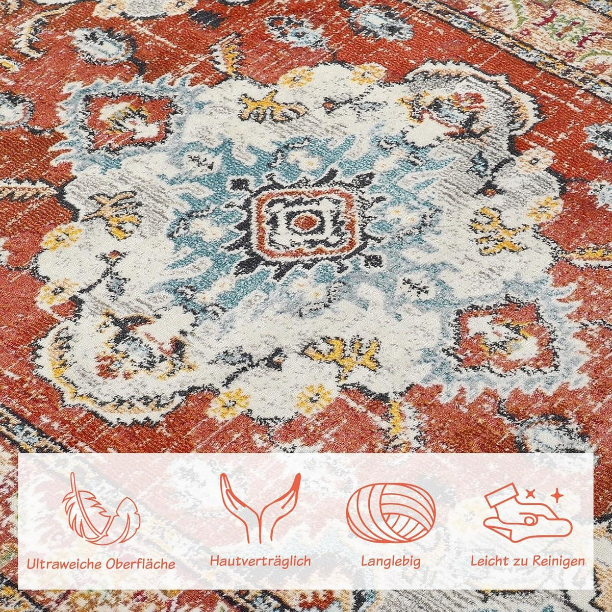 WONGS BEDDING Vintage Boho Teppich Kurzflor 160 x 230cm Rot - Waschbar & rutschfest