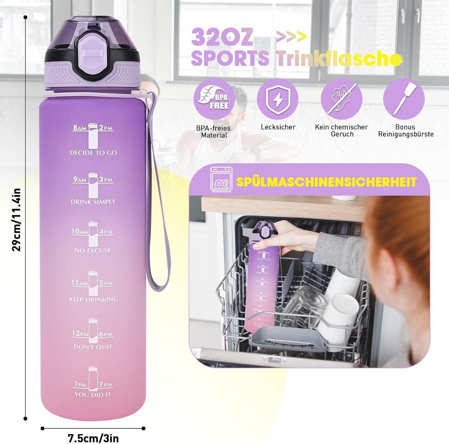 AOPREL Sport Trinkflasche 1L mit Stroh Zeitmarkierungen BPA-freiLila Rosa
