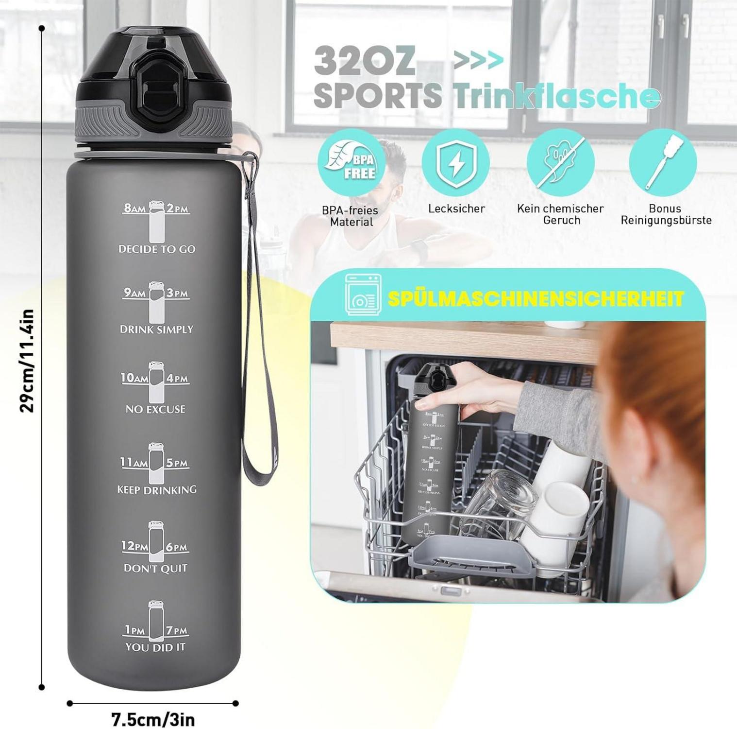 Sport Trinkflasche 1L mit Stroh & Zeitmarkierungen BPA-frei Sportflasche
