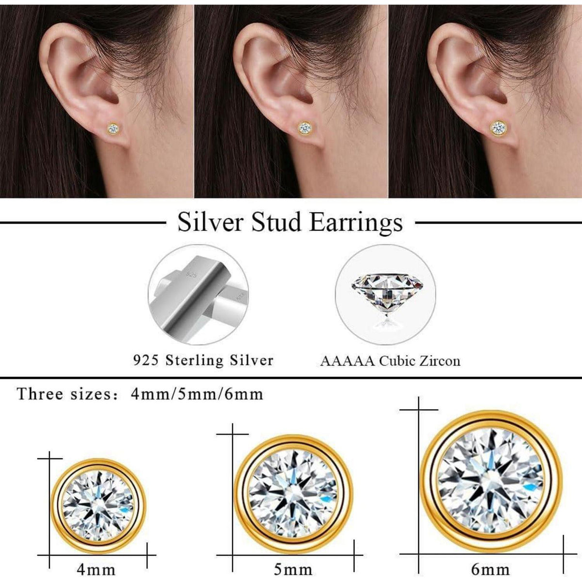 925 Sterling Silber Ohrstecker Set 3 Paar Damen Mädchen Zirkonia Gold 4-6mm