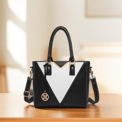 Miss Lulu Damen Handtasche Grau Weiß Business Schultertasche 30x10x26cm