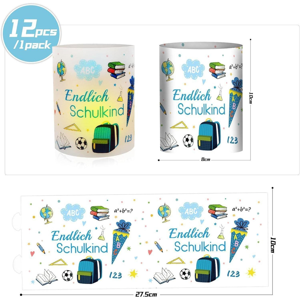 12 Windlichter Einschulung Junge – Tischdeko "Endlich Schulkind"