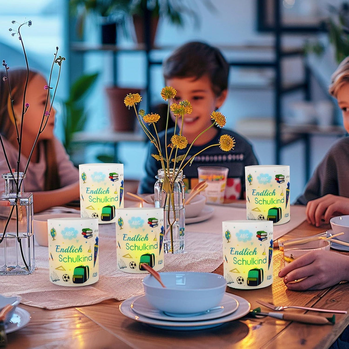 12 Windlichter Einschulung Junge – Tischdeko "Endlich Schulkind"