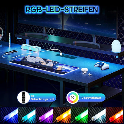 ODK Gaming Tisch LED 137x140cm Eckschreibtisch L-Form mit Steckdosen USB-Schnellladern Schwarz