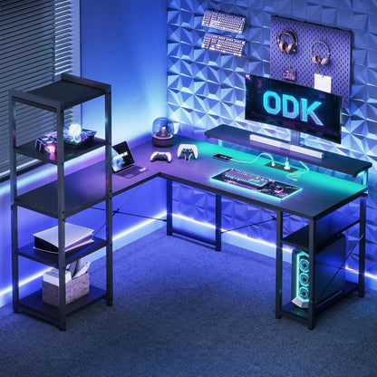 ODK Gaming Schreibtisch LED Eckschreibtisch L-Form 137x140 cm Schwarz