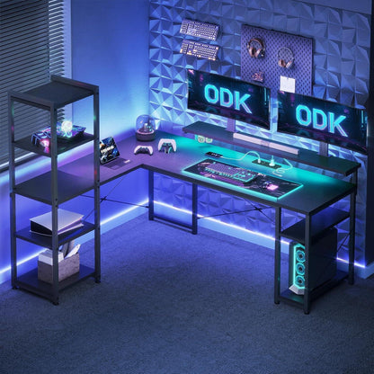 Gaming Tisch LED Ecke L-Form 155x140cm Schwarz Monitorhalter