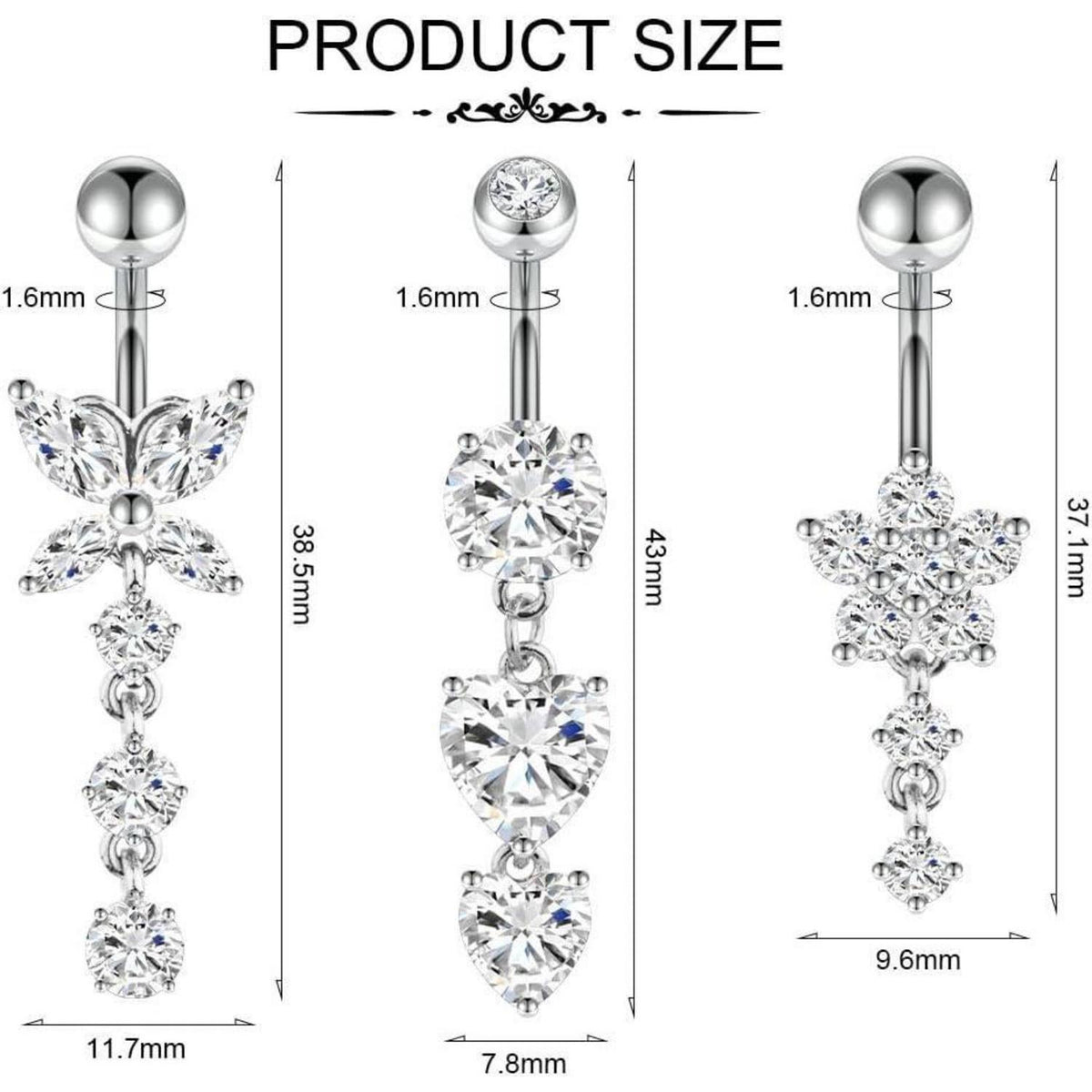 Bauchnabelpiercing 3er Set, Hypoallergener Edelstahl, Silber
