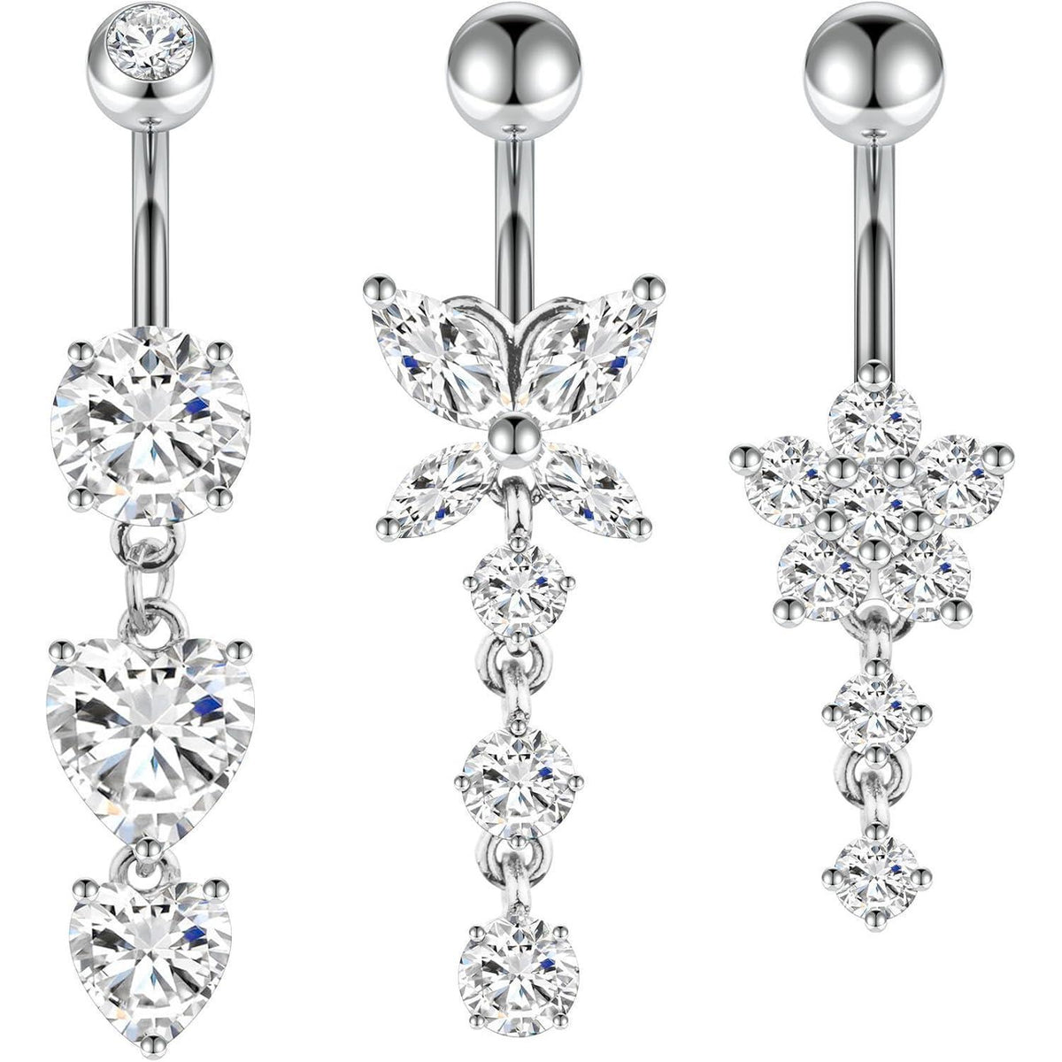 Bauchnabelpiercing 3er Set, Hypoallergener Edelstahl, Silber