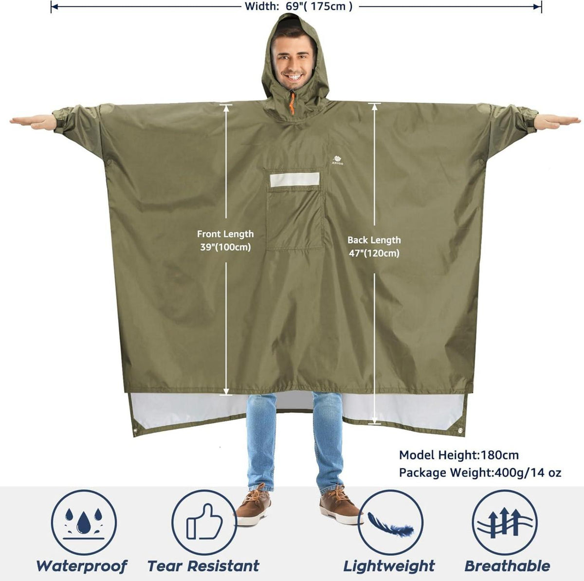 Leichter Wasserdichter Regenponcho mit Ärmeln Kapuze Belüftet Outdoor