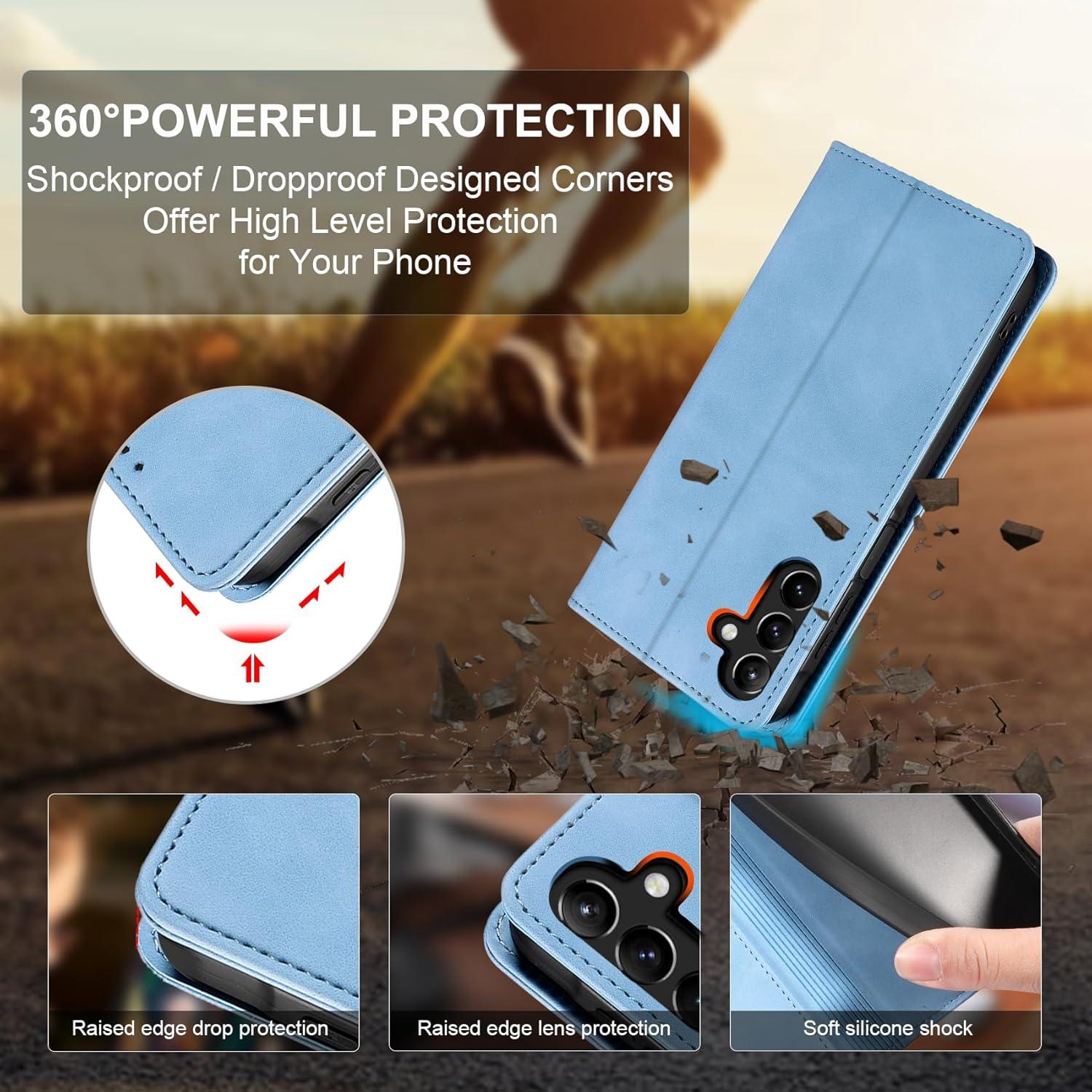 QHOHQ Samsung Galaxy A55 5G Handyhülle Leder Flip Case mit Panzerfolie - Hellblau