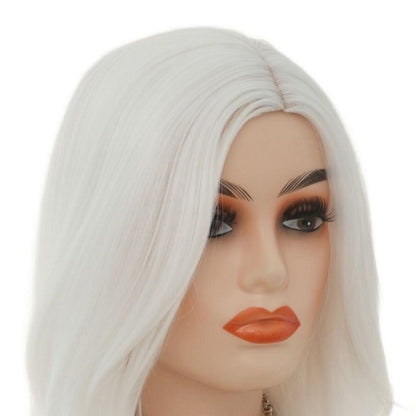 Weiße Lange Wellige Perücke Damen Synthetik Cosplay Perücke mit Cap