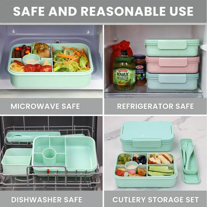 Bugucat Lunchbox Kinder Bento Box Brotdose 1300ML 2Set mit 5 Fächern Besteckset BPA-Frei