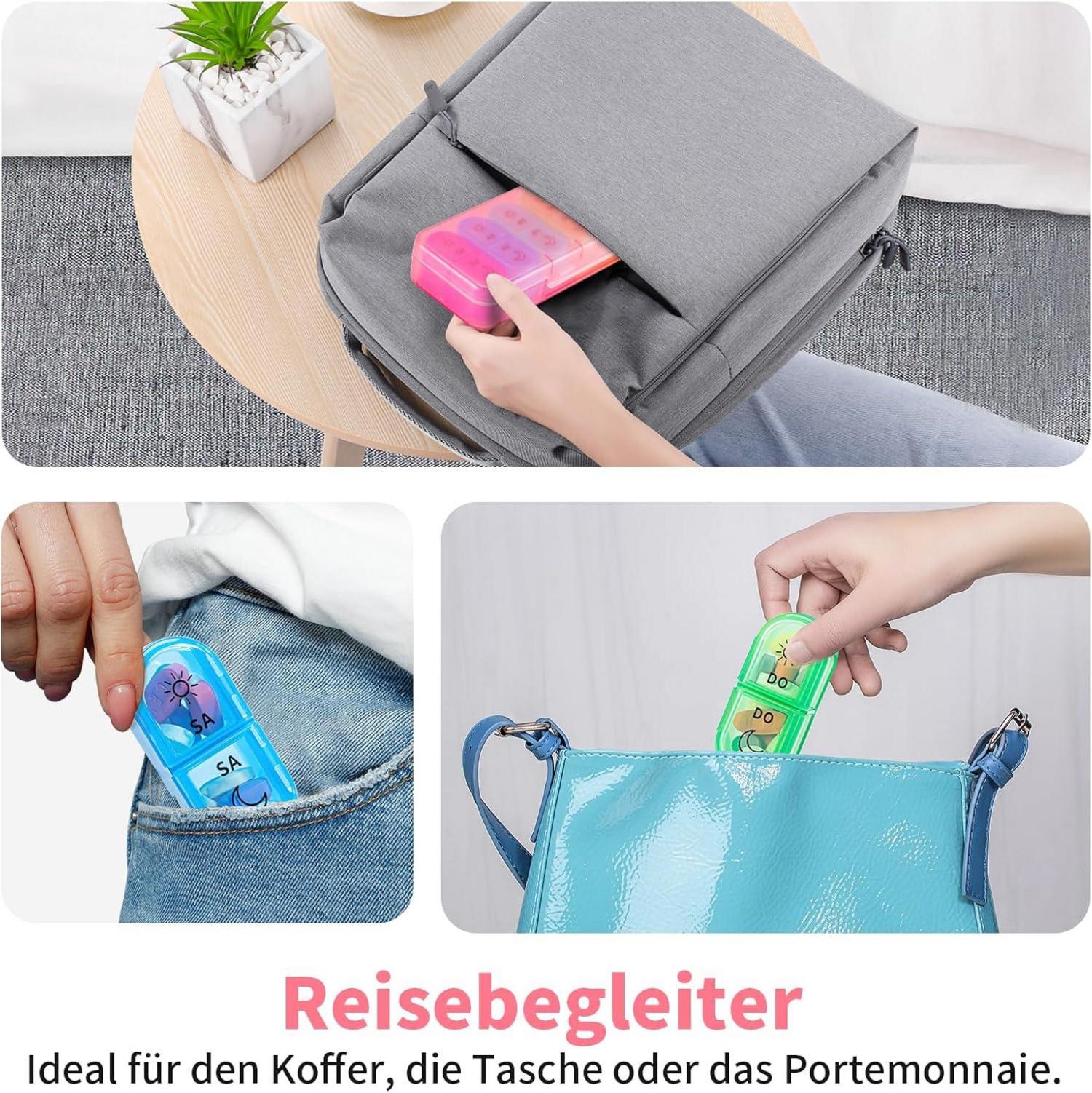 Tablettenbox 7 Tage Medikamentenbox 14 Fächer Pillendose tragbar Rosa
