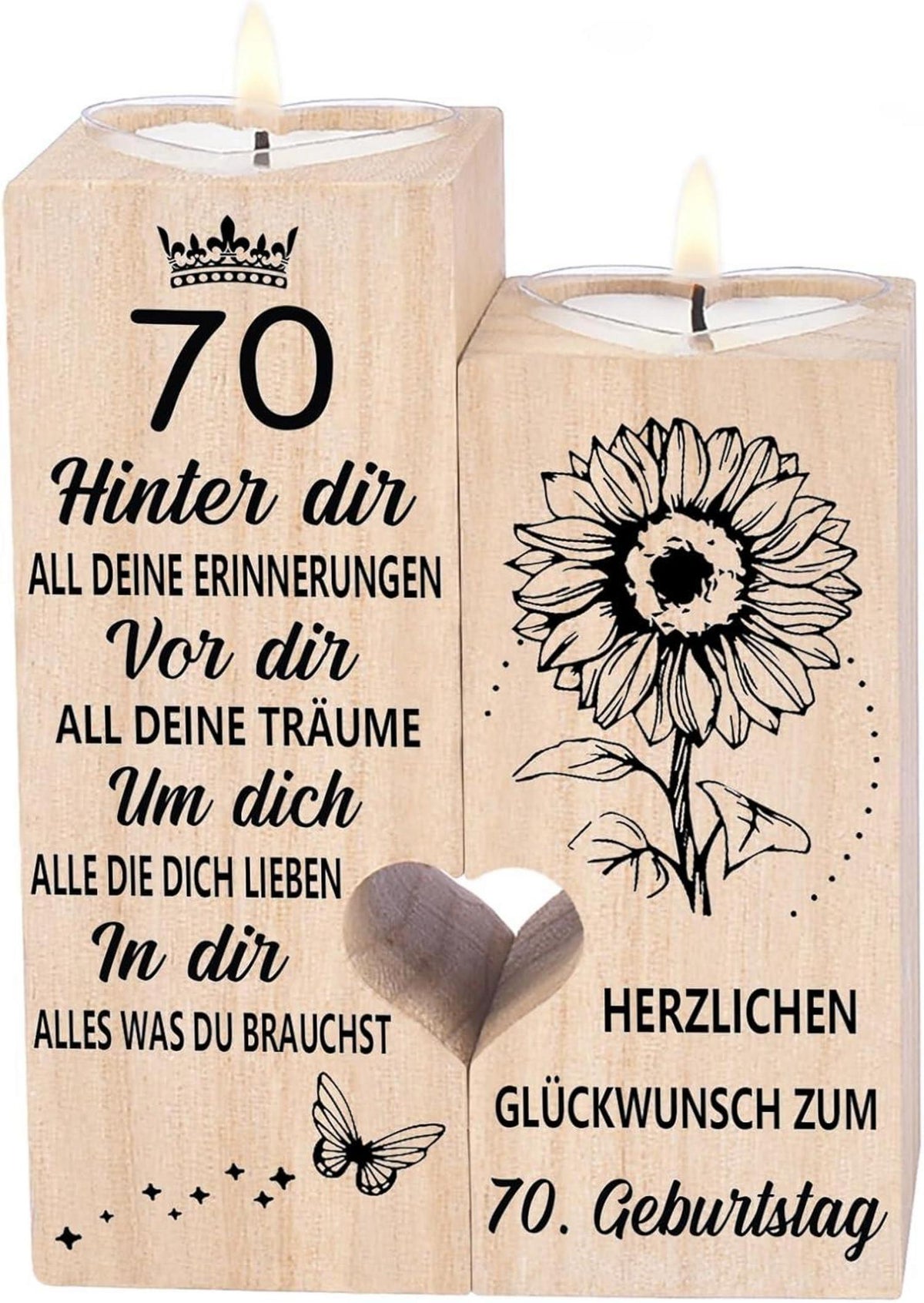 Kerzenhalter 70. Geburtstag Holz Herzform inkl. Kerze