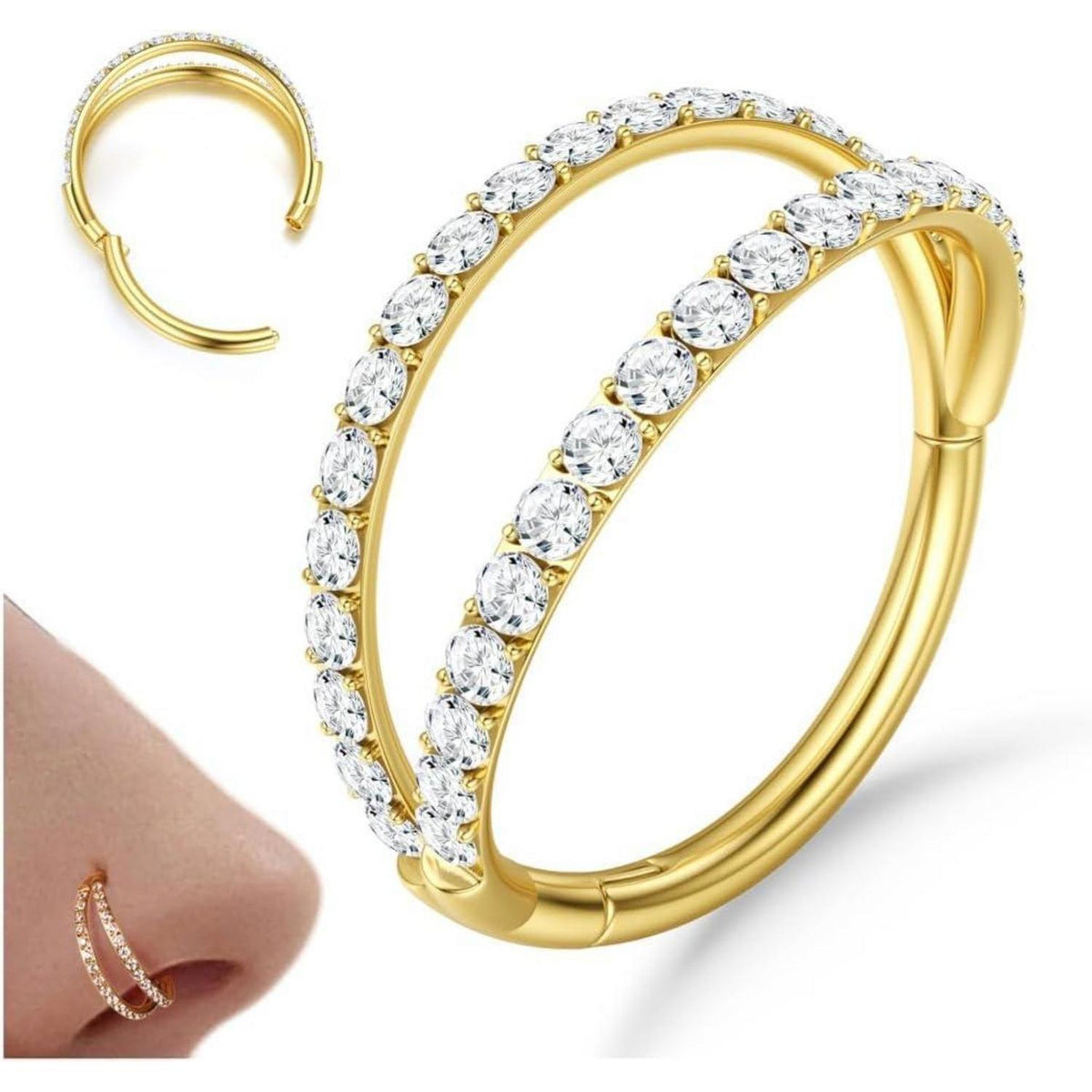 Nasenring Hoop mit Zirkonia, 316L Chirurgenstahl, 18G/20G, Gold/Silber