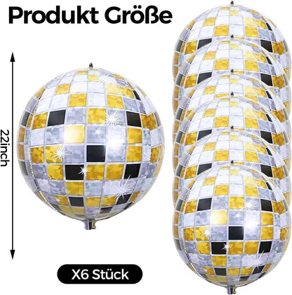 6er Discokugel Luftballon Set Schwarz Gold 22 Zoll - Party