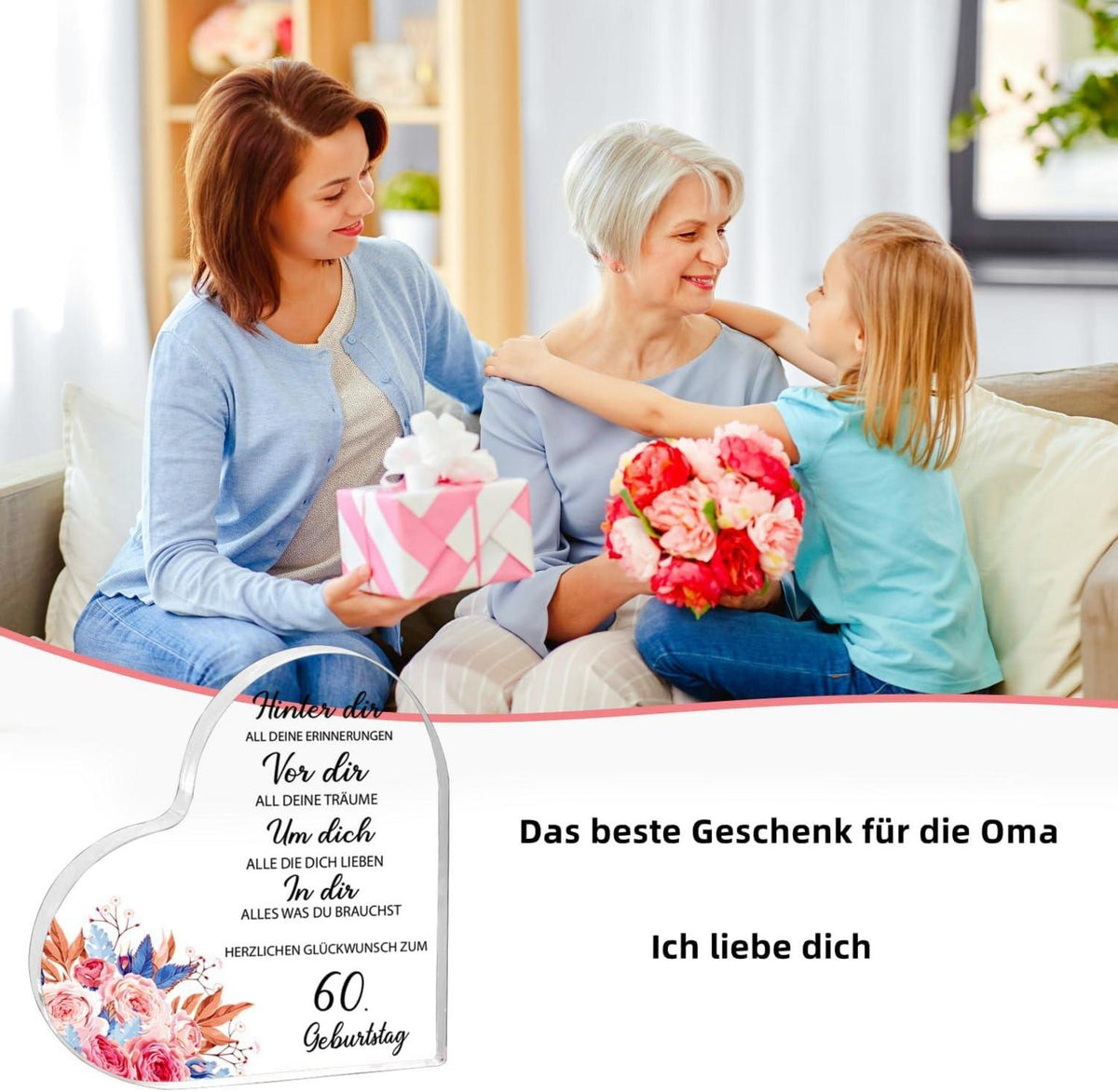 Acryl Block 60. Geburtstag Herzform Geschenk für Frau Mann