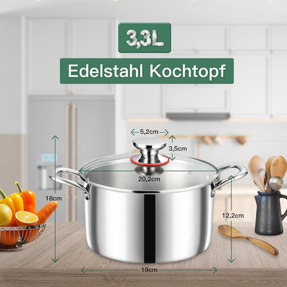 Kochtopf 3-Lagen Edelstahl Induktion Topf 3,3L Glasdeckel