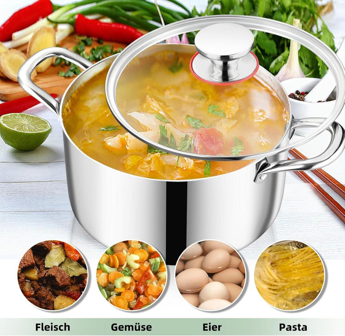 3-Lagen Edelstahl Kochtopf 3,3L Induktion Nudeltopf Suppentopf 20cm