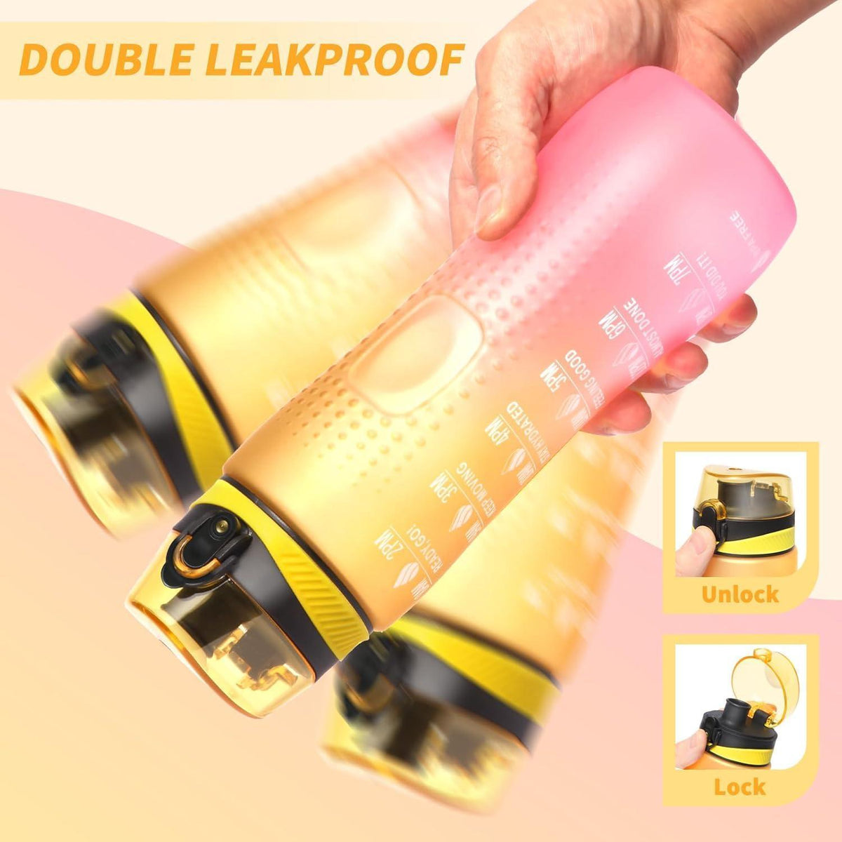 Motivations-Trinkflasche mit Zeitmarkierung, 750 ml, Gelb Rosa