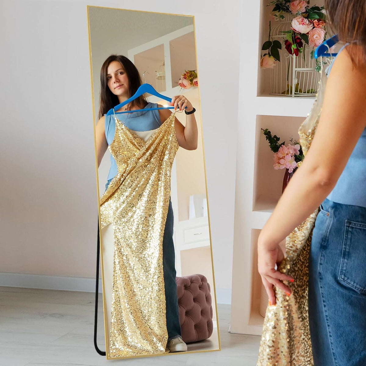 Ganzkörperspiegel Standspiegel 147x44cm Gold – Perfektes Geschenk