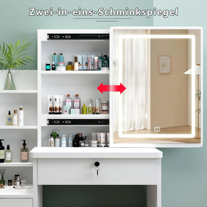 Schminktisch mit LED-Beleuchtung Stuhl Schubladen Ablagen Holz