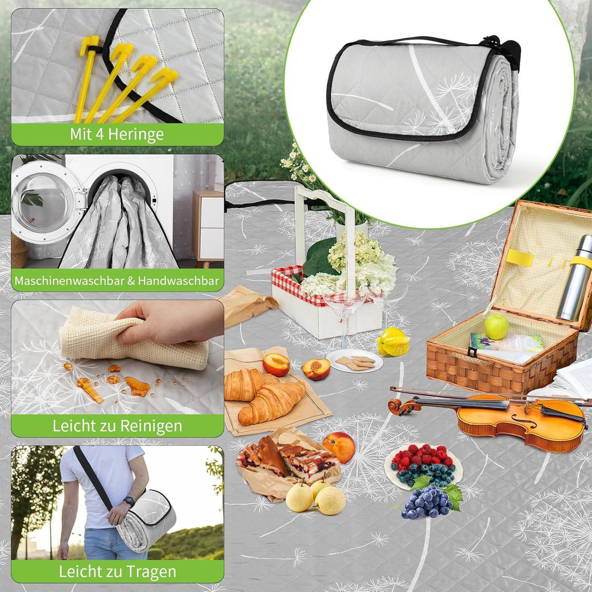 HAUSPROFI XXL Picknickdecke Wasserdicht Strandmatte Campingdecke 200x200cm Grau