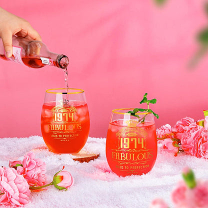 Personalisiertes Gin-Glas-Set 50. Geburtstag Frauen Weingläser Golddruck Silikon-UntersetzerBox Ginglas dunkelrot