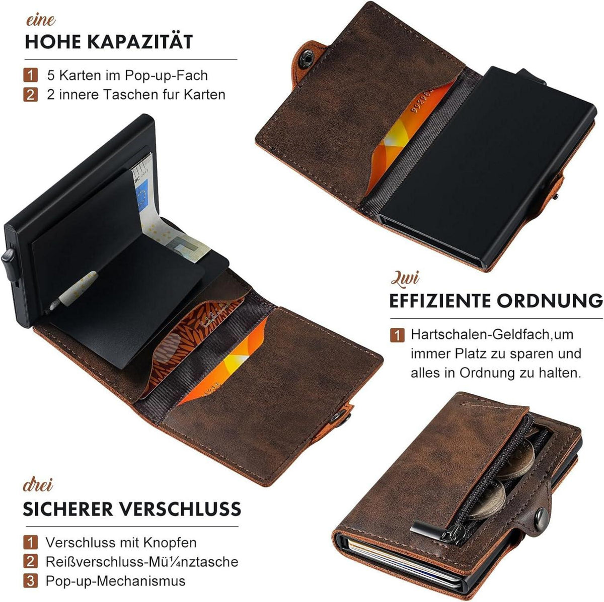 AISIR Slim Wallet RFID Schutz Münzfach Braun Herren Damen