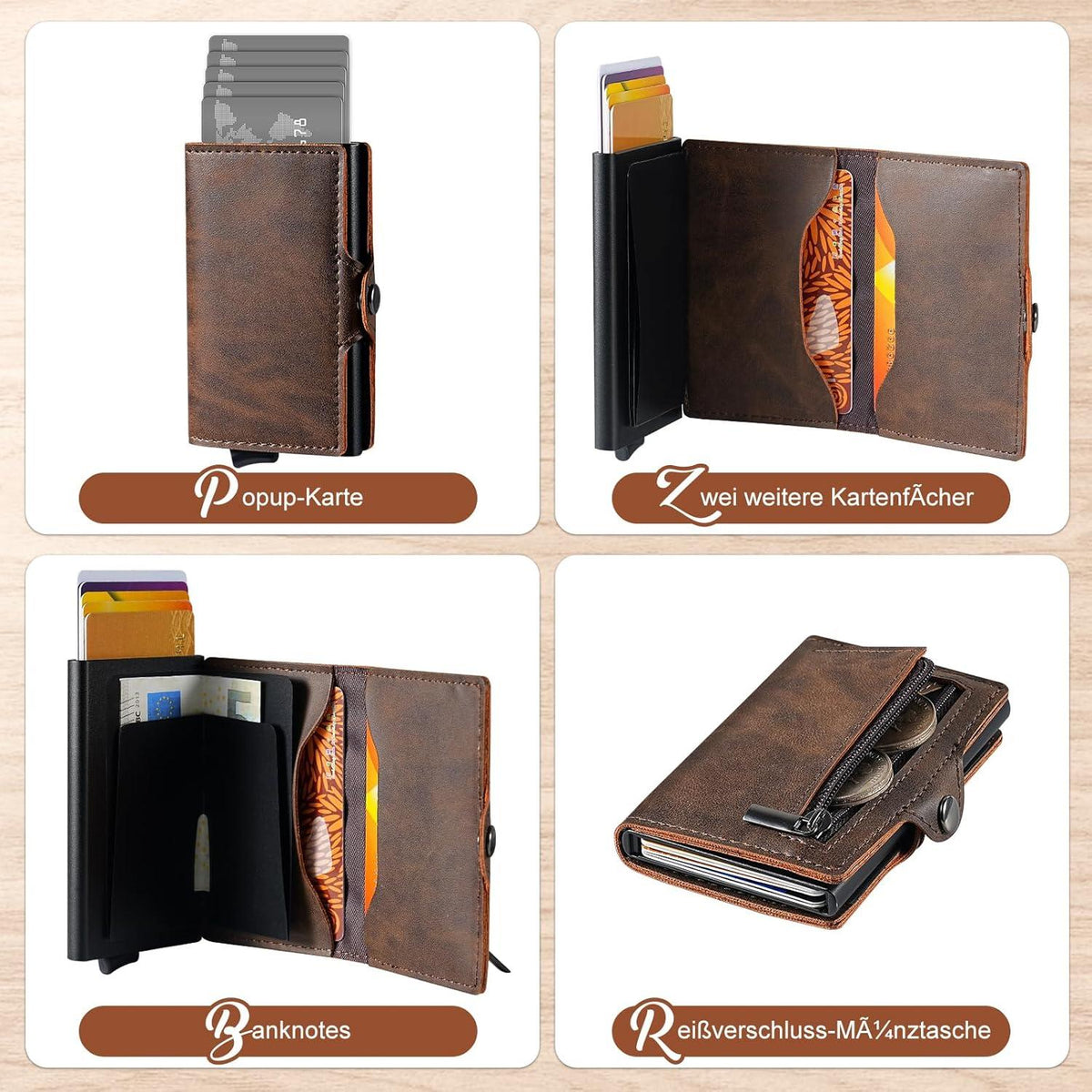 Herren Slim Wallet RFID Kartenhalter Münzfach braun Magnetclip
