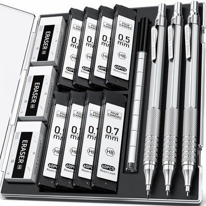 Metall-Druckbleistift-Set 3-teilig 0,5/0,7/0,9 mm mit Minen & Radiergummis