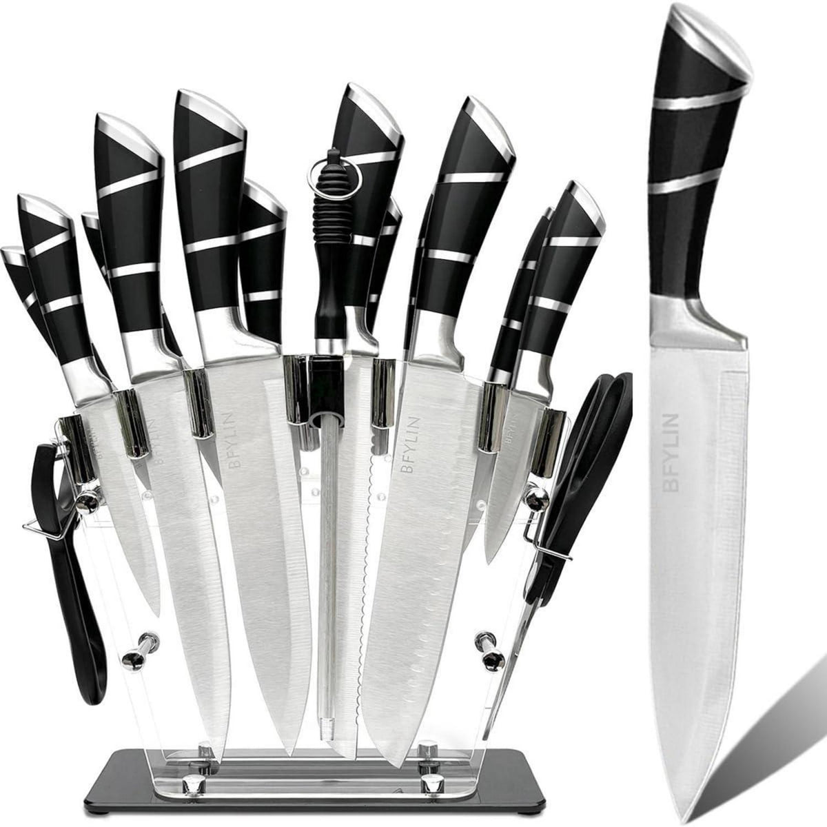 16-teiliges Küchenmesser-Set mit Messerblock – Edelstahl & Acryl